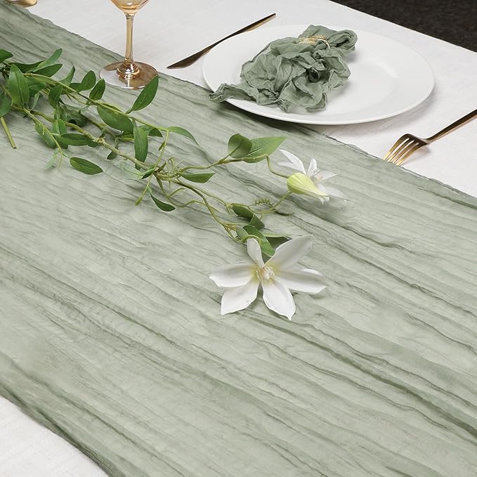 Le courant 10Ft Cheesecloth Table Runner, Rustic Boho Gauze Cheese Cloth Runner Table Runner for Weddings Bridal Baby Shower Birthday Holiday Parties Home Decor, Sage Green