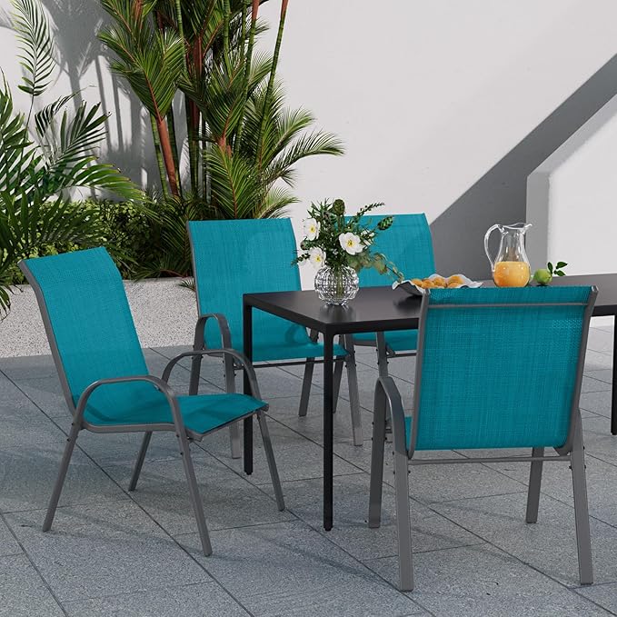 Patio Dining Chairs Set of 4, Stackable Dining Chairs High Back, Breathable Seat Fabric and Alloy Steel Frame Fit Backyard, Porch, Lawn，Poolside (Sky Blue)