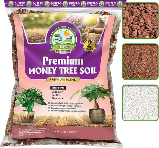 DUSPRO Recycle Money Tree Soil Indoor, Premium Coco Coir Perlite Mix and Pine Bark for Money Tree, Ideal Money Tree Soil for Healthy Growth and Nourishment (2 Quarts)