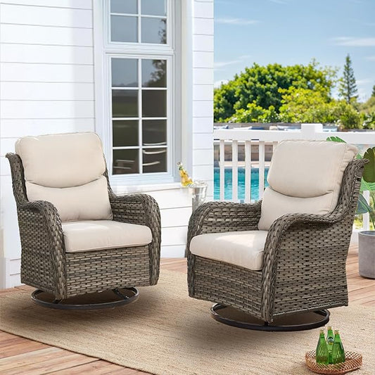 HUMMUH High Back Outdoor Swivel Rocker Patio Chairs Set of 2 with 5-Inch Thick Cushions, All-Weather Wicker Patio Furniture for Porch,Poolside, Deck, and Yard