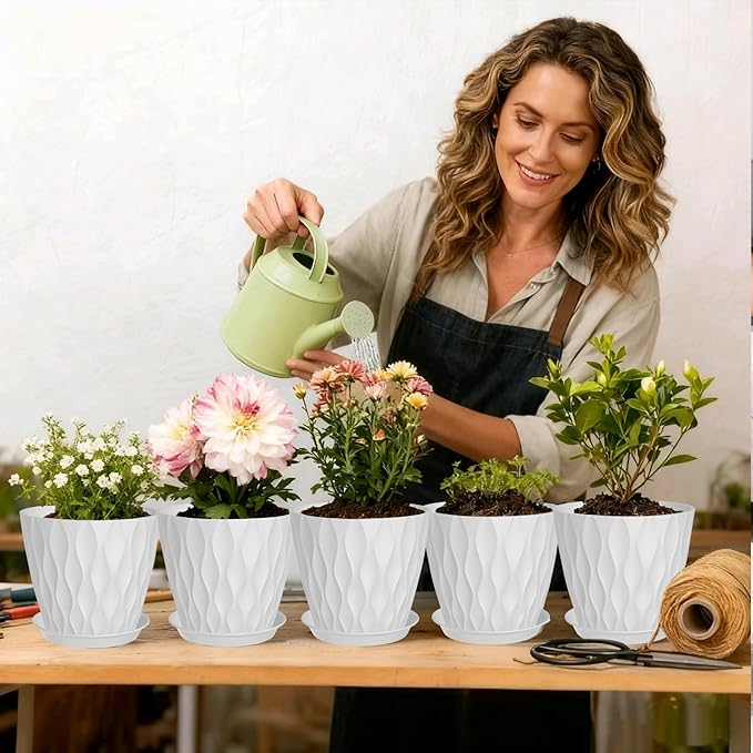 7 Inch Plant Pots 5 Pack, Plastic Flower Pots with Drainage Holes Saucers, Indoor Outdoor Planters for Plants, Lightweight Durable,White