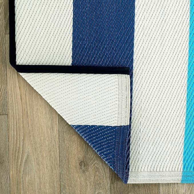 Rugshop Contemporary Stripe Reversible Crease-Free Waterproof Premium Recycled Plastic Outdoor Rugs for Patio,Backyard,RV,Deck,Picnic,Trailer,Beach,Camping,Sunroom Blue 3' x 5'