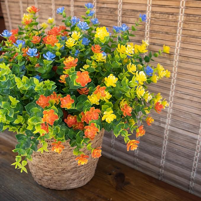 Artificial Flowers Outdoors, 12 Bundles Fake Flowers UV-Anti for Decoration Faux Plastic Plants Garden Porch Window Box Décor, YellowPurpleBlueGreen