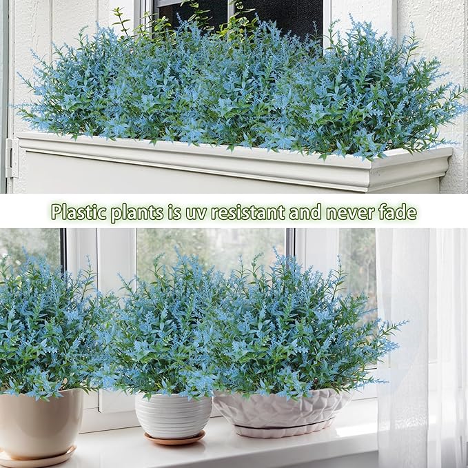RECUTMS 20 Bundles Outdoor Artificial Flowers UV Resistant Fake Outdoor Plants, Faux Greenery for Indoor Outside Hanging Plants Garden Porch Window Box Home Wedding Farmhouse Décor(Blue)