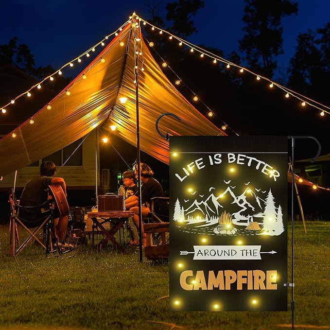 Camping Garden Flag with Led Lights, 12 x 18 Inch Double Sided Vertical Burlap Camping Fire Pit Lighted Garden Flags for RV Campsite Campfire Camper Yard Outdoor Decoration