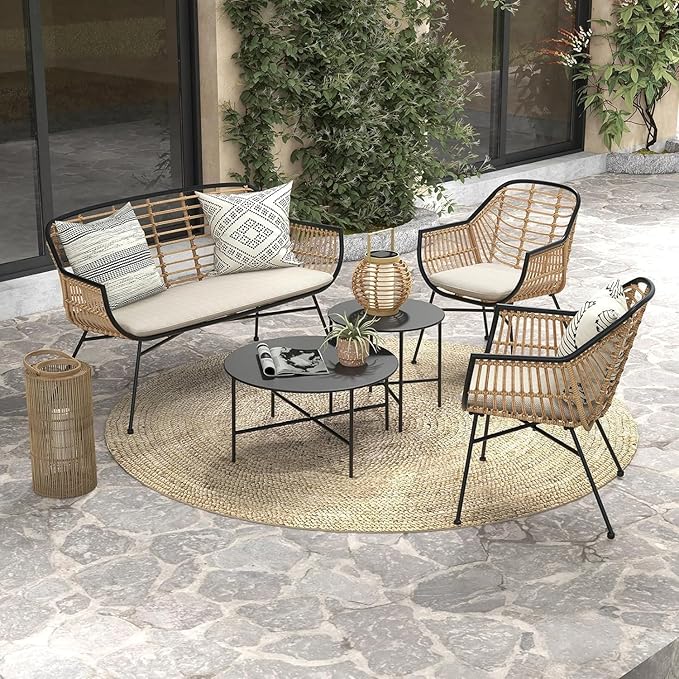 Grand patio 5-Piece Outdoor Wicker Patio Conversation Set with Cushions and Coffee Tables, Boho Wicker Seating Set for Indoor Outdoor, Balcony, Porch, Garden, Deck