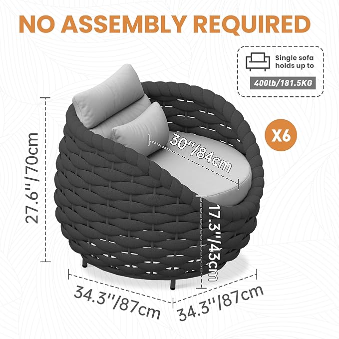 6 PCS Patio Rope Armchair: Aluminum Woven Accent Chair - Cushioned Lounge Chair with Arms - Modern Garden Chair Assembled - All Weather 400lbs Outdoor Seating Porch Furniture Deck Balcony Hotel