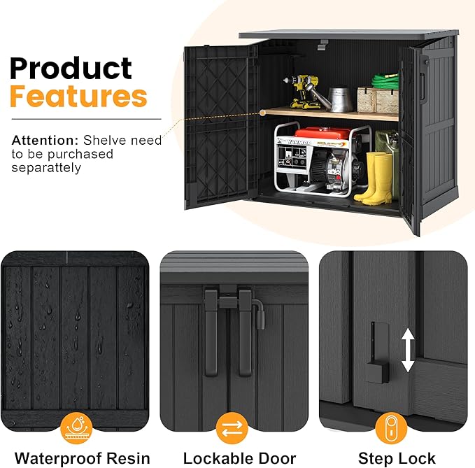 LHBcraft Outdoor Storage Cabinet 36 Cu Ft with Lockable Doors, Portable Horizontal Resin Storage Shed - Easy to Assemble, Waterproof Small Storage Shed with Floor Black