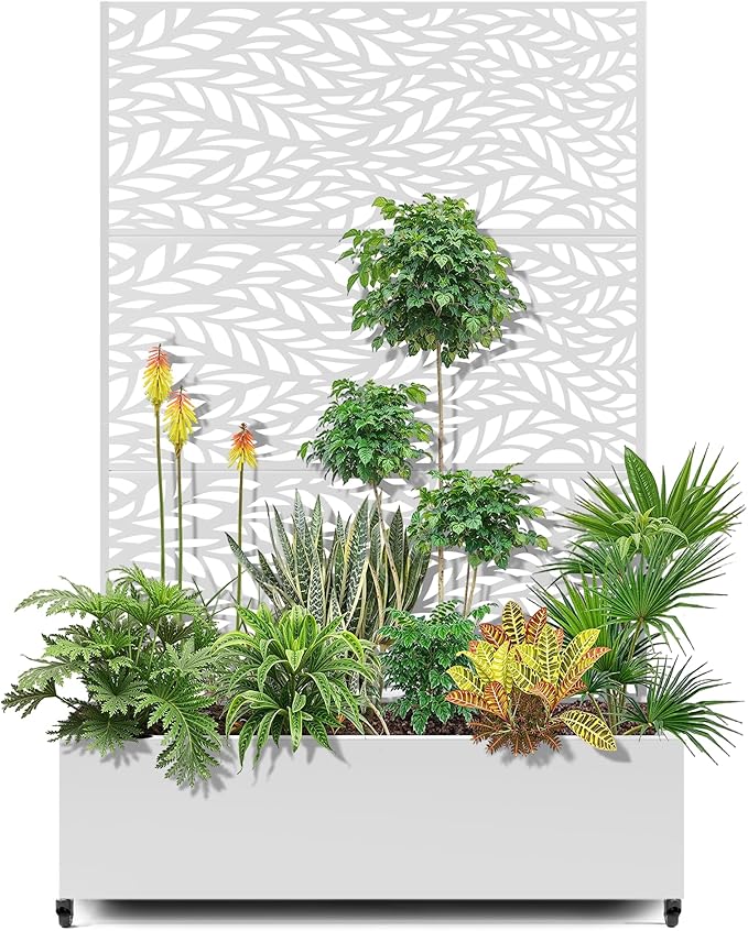 15.7"×70.9"×47.2" Metal Raised Garden Bed with Trellis and Wheels - Tall Trellis Planter Box for Climbing Plants, Vegetables & Vines - Outdoor Privacy Planters for Patio (White-Spring)