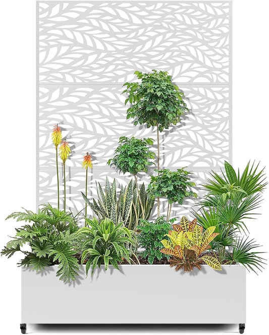 15.7"×70.9"×47.2" Metal Raised Garden Bed with Trellis and Wheels - Tall Trellis Planter Box for Climbing Plants, Vegetables & Vines - Outdoor Privacy Planters for Patio (White-Spring)