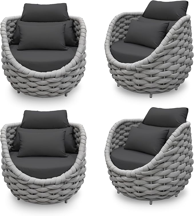 4 PCS Deck Furniture Accent Chair: Aluminum Woven Rope Chair - Outdoor Lounge Armchair Cushioned - Modern Patio Seating Assembled - All Weather for 400lbs Porch Lanai Balcony Yard Garden Hotel