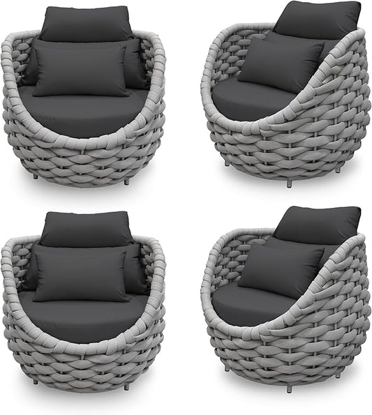 4 PCS Deck Furniture Accent Chair: Aluminum Woven Rope Chair - Outdoor Lounge Armchair Cushioned - Modern Patio Seating Assembled - All Weather for 400lbs Porch Lanai Balcony Yard Garden Hotel