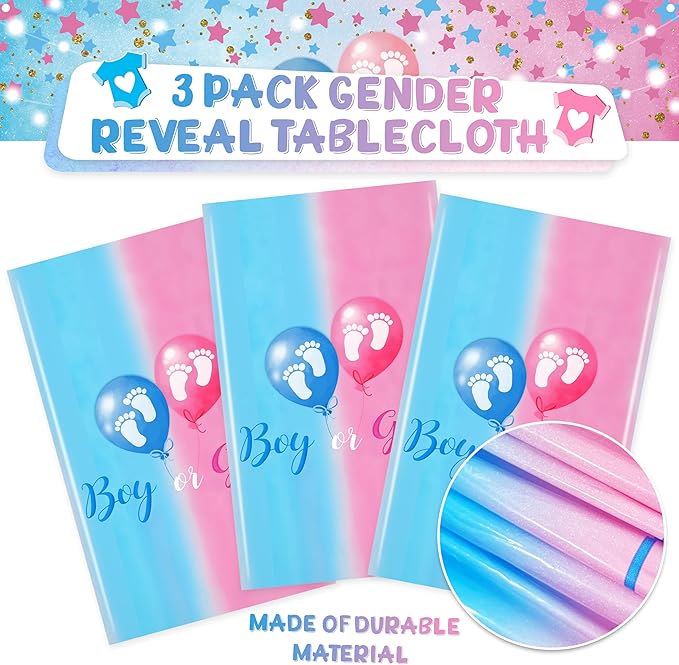 TREWAVE 3 PCS Plastic Tablecloths - Gender Reveal Decorations, Disposable, Waterproof Table Covers for Boy or Girl Gender Reveal Party Supplies, 54" x 108"