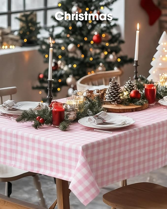 Pureegg Plastic Table Cloth Disposable 8 Pack, 54 x 108 Inch Table Cloths, Party, Picnic, Decorative Gingham Tablecloths, Rectangle, Pink and White Checkered Cover, Leakproof & Sturdy, Pink Plaid