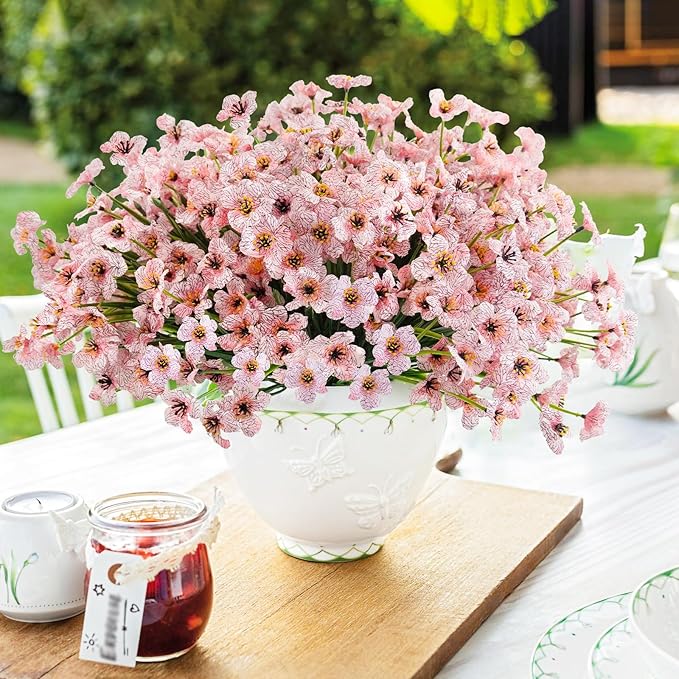 Uieke 72 Bundles Artificial Flowers for Outdoors UV Resistant Fake Silk Flowers No Fade Greenery Shrubs Plants for Outside Planter Home Garden Porch Window Box Spring Summer Décor (Pink)