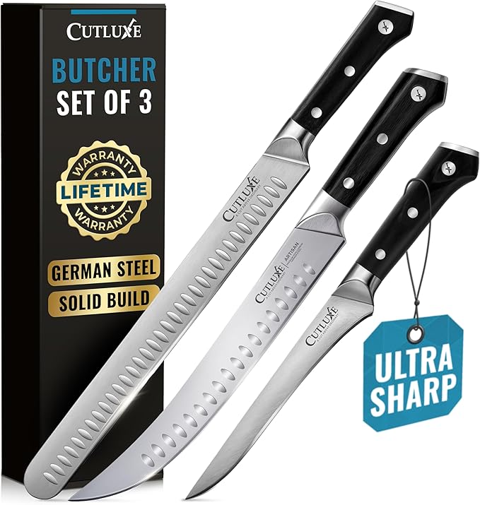 Cutluxe Butcher Knife Set – BBQ Brisket, Breaking & Boning Knife – Slicing Carving Knife Set for Meat Cutting, Ultra Sharp German Steel, Full Tang, Ergonomic Handles – Artisan Series