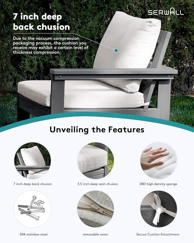 SERWALL HDPE Patio Sofa Set, 4-Piece Sectional Outdoor Furniture Set, All Weather Outdoor Couch Set Patio Furniture Set for Deck, Lawn, Grey Frame with Khaki Cushion