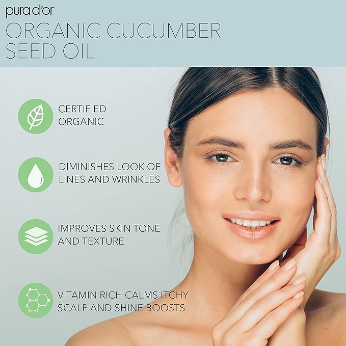 PURA D'OR 4 Oz Organic Cucumber Seed Oil100% Pure USDA Certified Premium Grade All Natural Moisturizer, Cold Pressed, Unrefined, Hexane-Free Base Carrier Oil for DIY Skin Care For Men & Women