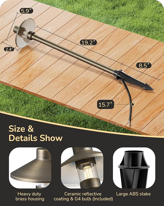 EDISHINE Solid Brass Low Voltage Pathway Lights Wired, Heavy Duty 22" Tall Outdoor Landscape Path Light, 12V LED Landscape Lighting, Bronze Waterproof for Garden Yard Walkway, G4 Bulb Included, 4 Pack