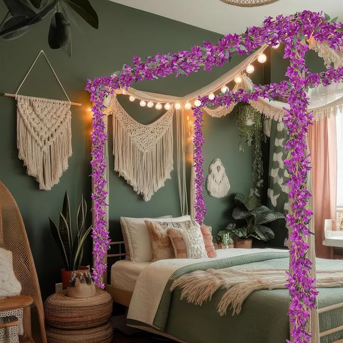 2 Pcs Bougainvillea Artificial Hanging Flowers Plants for Outdoors Purple Fake Silk Bougainvillea Vines Artificial Flowers Garland UV Resistant Faux Flowers for Planter Centerpieces Arch Decor