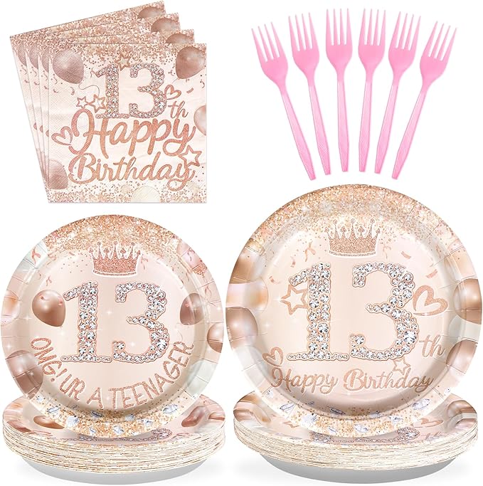 96 Pcs Rose Gold 13th Birthday Party Supplies 13th Birthday Plates and Napkins Tableware Sets Happy 13th Birthday Decorations Favors for Girls 13 Year Old Birthday Official Teenager Party Serves 24