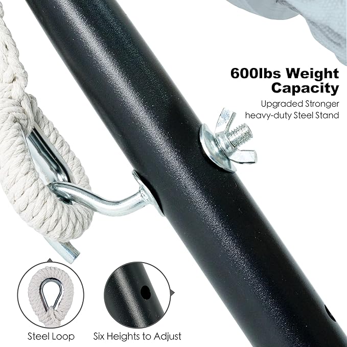 Double Hammock with Stand for Outside, Upgraded Spreader Bar, Heavy Duty Space Saving Steel Stand 2 Person, Side Pockets, Easy Assembly, 600lbs Weight Capacity, Indoor & Outdoor (Light Grey)
