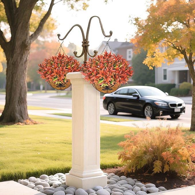 Uieke 2PCS Artificial Hanging Flowers for Outdoors with Hanging Basket, 22.8" 10pcs UV Resistant Fall Faux Flowers, Fake Hanging Plants for Autumn Garden Porch Patio Balcony Decoration