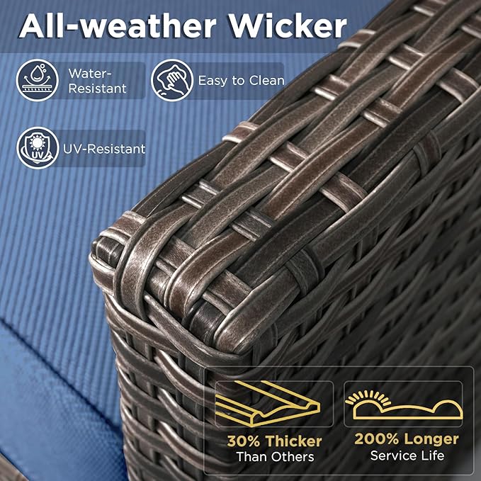 6 Pieces Patio Furniture Set-All Weather Outdoor Swivel Rocker Patio Chairs with Deep Seat Sofa Ottomans and Glass Side Table, Outdoor Conversation Sets for Garden Backyard Deck(Brown/Blue)