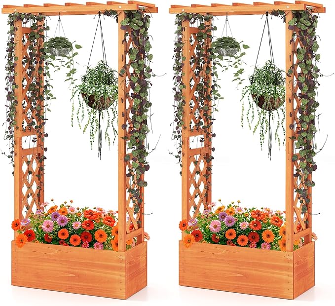 S AFSTAR Raised Garden Bed with Trellis, 2 Pieces Wood Planter Box with Hanging Roof & Drainage Holes for Climbing Plants, Vines, Flowers & Vegetables, Indoor Outdoor Plant Container for Patio & Yard