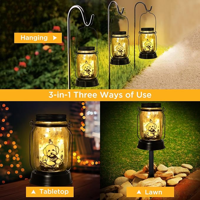 Bichon Dog Gifts for Women/Men Bichon Frise Solar Lanterns Birthday Dog Lovers Lantern Pet Loss Dog Memorial Lights Solar Garden Decoration for Yard, Patio,Backyard,Porch Torches Light
