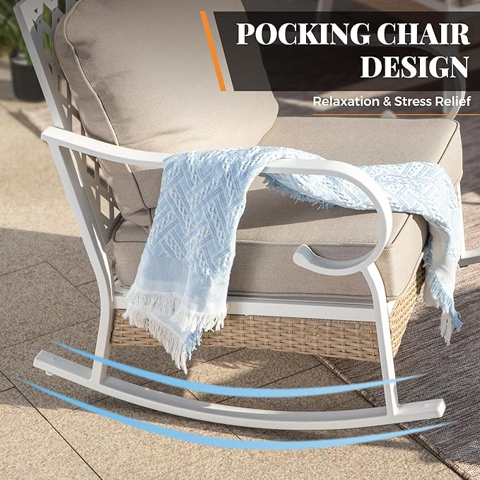 5 Piece Patio Furniture Set, 2 x Rocking Chair, 1 x 2-Seat Sofa, 1 x 3-Seat Sofa with Marbling Coffee Table, All Cushioned 7 Seats Outdoor Conversation Set, Beige