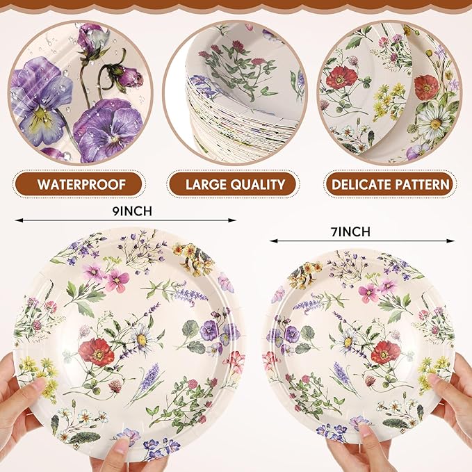 Mumufy 100 Pack Wild Floral Paper Plates Flower Dinner Decoration 9" & 7" Disposable Watercolor Dessert Plates for Wedding Birthday Baby Shower Bridal Tea Party Supplies