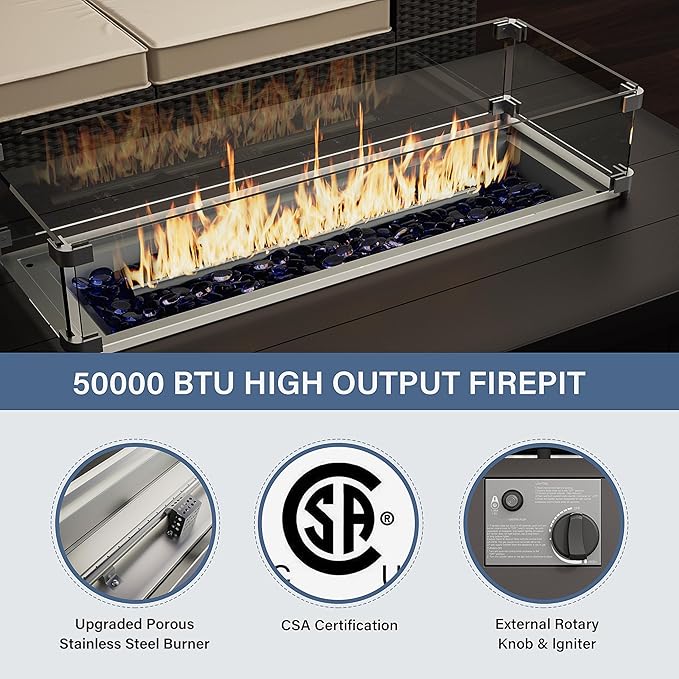 Kurapika Aluminum Patio Furniture Set 10-Seat Modern Metal Outdoor Conversation Sets w/45in Propane Fire Pit Table, Swivel Rocking Chairs Patio Sectional Sofa w/5.1 Inch Cushion, Sand