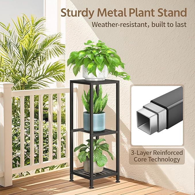 LASZOLA 3 Tier Black Metal Plant Stand Indoor Outdoor for Large Planter, Modern Heavy Duty Tall Rack for Corner House Bathroom Patio Floor, Iron Flower Shelf Holder for Orchid Fern