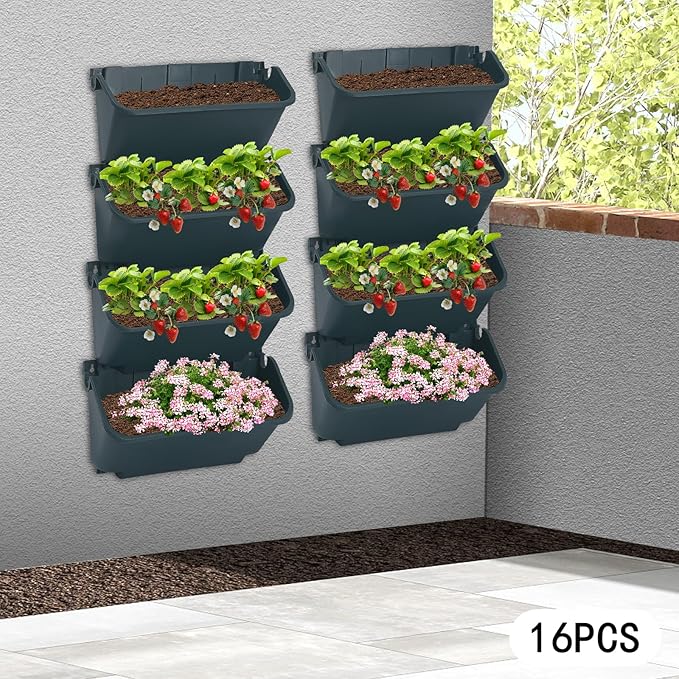 Vertical Wall Planter, Wall-Mounted Living Garden Planter with 16 Plastic Pots Stackable Wall Hanging Flower Pot Clasp Design for Vegetables Flowers (Army Green 16)