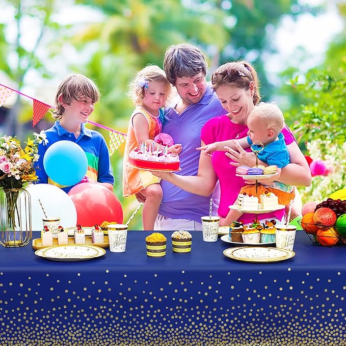 6 Pack Navy Blue and Gold Dot Tablecloth, Blue Plastic Table Cloths for Parties Disposable, 54x108in Waterproof Rectangular Camping Tablecloth for Birthday Party Graduation Picnic Baby Shower