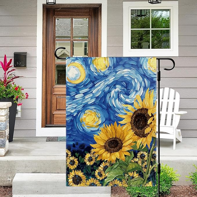 DLZDN Sunflower Garden Flag Starry Night Sunflower Garden Flags 12×18 Inch Double Sided Vertical Burlap Farmhouse Yard Flag Spring Summer Seasonal Outdoor Decor