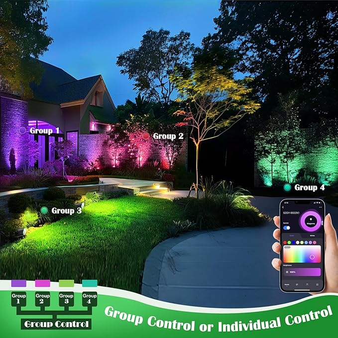 RGB Landscape Lighting, Smart Low Voltage Landscape Lighting Kit with Color Changing, 4 Pack 12 Volt Landscape Lights, Outdoor Spot Lights for Yard Garden Lighting,Remote/APP/Voice Control.