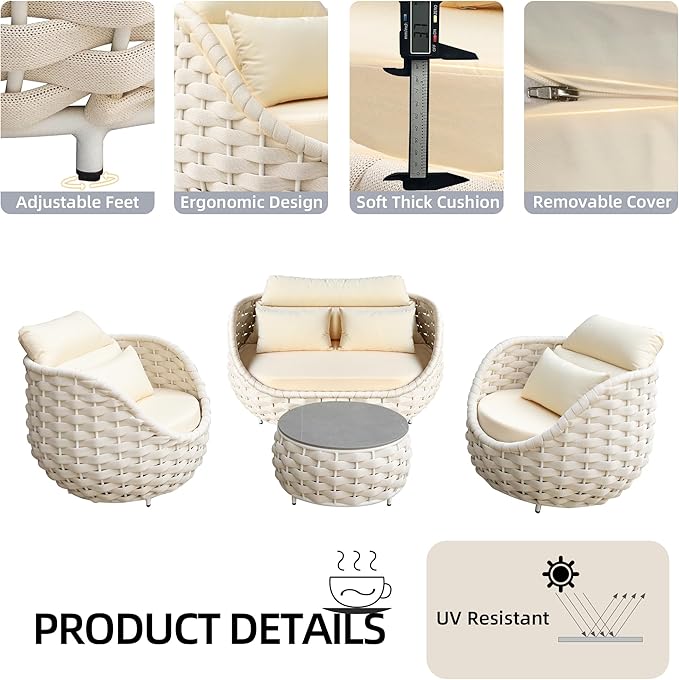 5-Piece Aluminum Patio Furniture Set, Olefin Rope Modern Outdoor Conversation Set Sectional Sofa with Water Repellent Thick Cushions and Coffee Table for Balcony, Garden, Beige