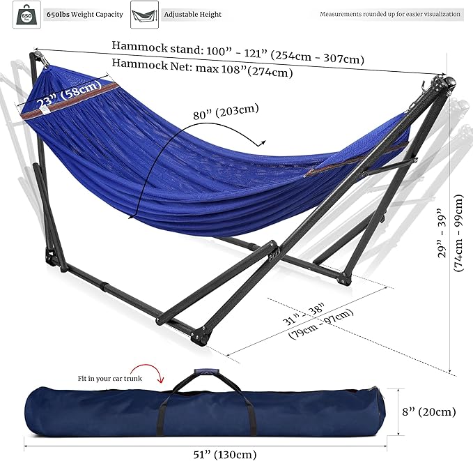 Tranquillo Universal Hammock 600 lbs Capacity, Instant 20s Foldable Hammock Stand, 3-Year Warranty Hammock with Stand, 2 Person Camping Hammock Revolutionary Portable, No Screws, Premium, Blue