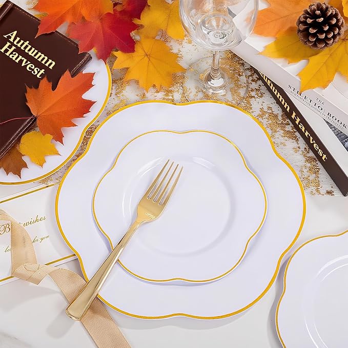 Liacere 50PCS White Plastic Plates - Heavy Duty Disposable - White and Gold Plastic Plates Include 25PCS 7inch and 10inch plates for Party & Baby Shower Gifts & Fall Decor & Thanksgiving