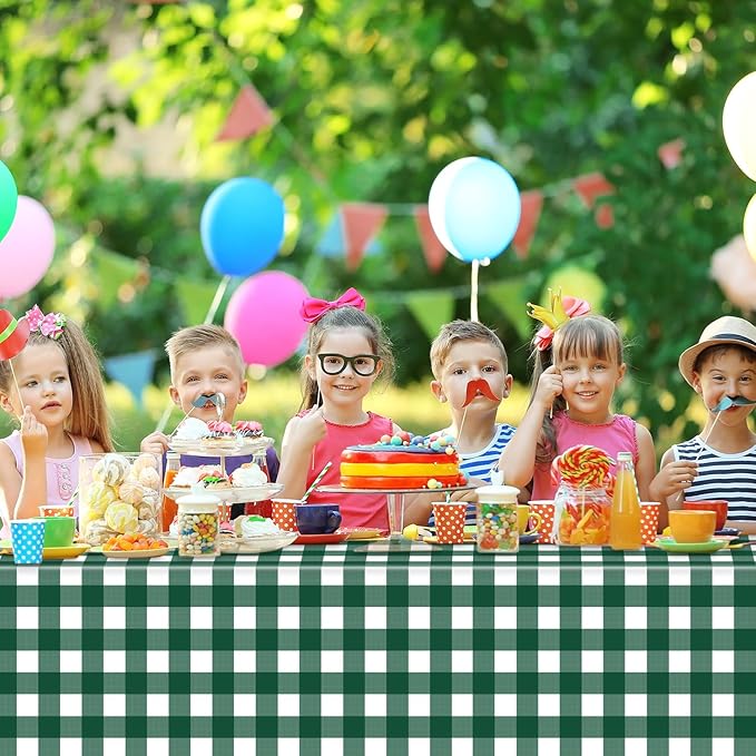 3 Pack Dark Green and White Checkered Tablecloth, Plastic Table Cloths for Parties Disposable, 54x108 in Waterproof Rectangular Gingham Camping Tablecloth for Birthday, Party, Baby Shower
