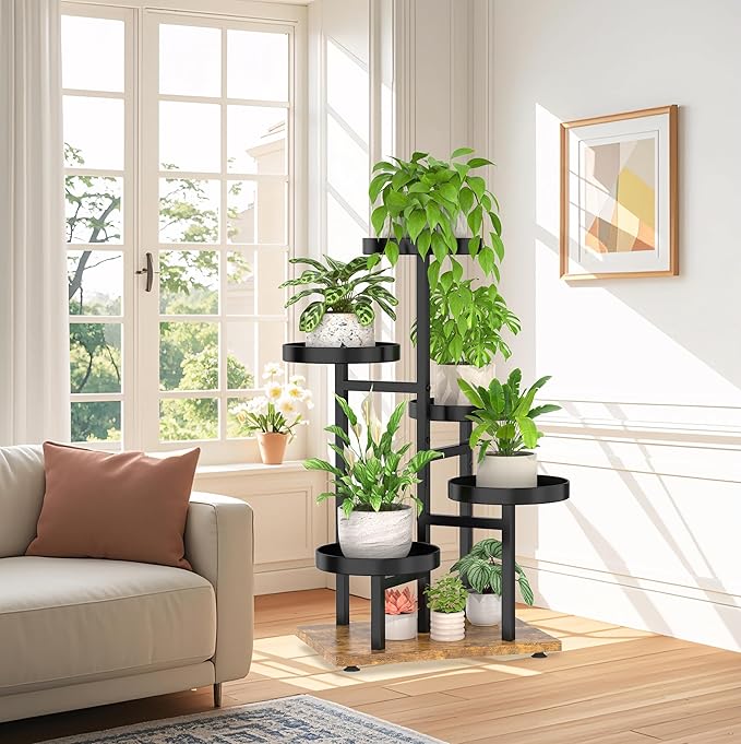 iDavosic.ly 5 Tier Plant Stand Indoor, Tiered Corner Flower Holder Shelf Outdoor, Metal Tall Orchid Display Rack for Patio Porch Garden Balcony Office Bedroom, Black and Brown