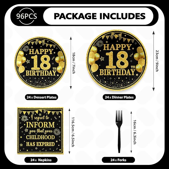 Grencian 96Pcs Happy 18th Birthday Decorations Black and Gold Birthday Plates and Napkins Gold and Black 18th Birthday Tableware Sets for Boys Girls 18 Year Old Birthday Party Supplies Serve 24