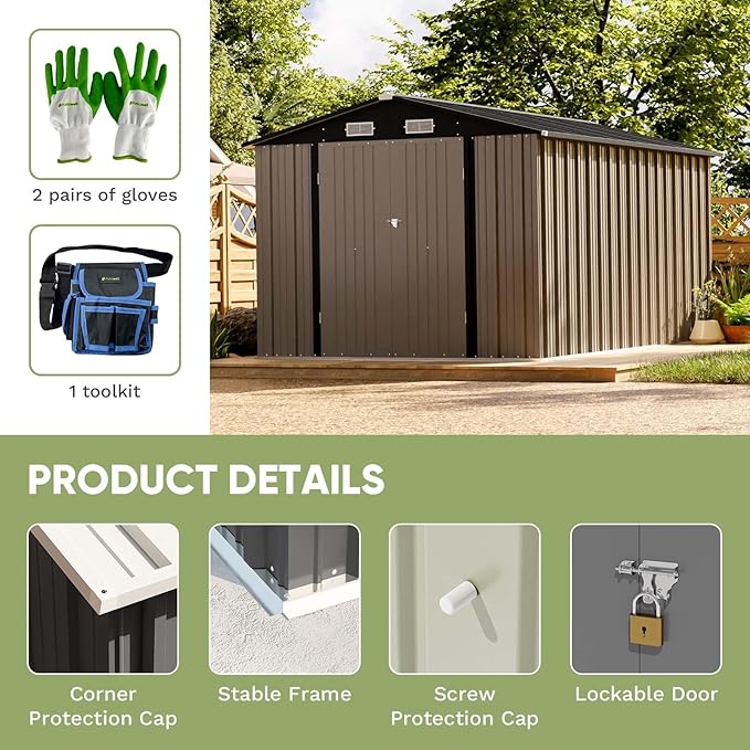 Patiowell 8 x 12 FT Metal Storage Shed for Outdoor, Steel Yard Shed with Design of Lockable Doors, Utility and Tool Storage for Garden, Backyard, Patio, Outside Use, Brown