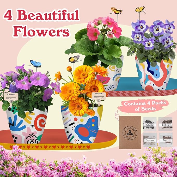 QSQSRUCH 4 Set Painting & Plant Flower Garden Kit, Arts and Crafts Kits for Kids Ages 4-8,Girls Gifts 8-10,Fairy Garden Set for Kids 8-12,Girls Toys Age 6-8, Gift for 4 5 6 7 8 9 10+ Year Old Girl