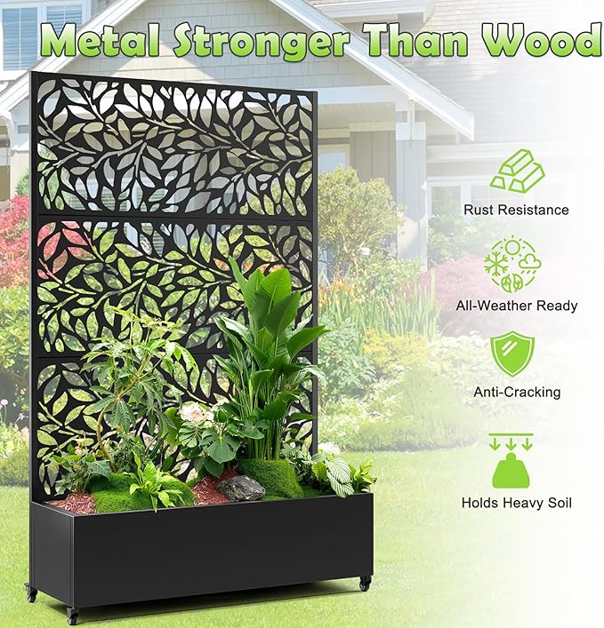 15.7"×70.9"×47.2" Metal Raised Garden Bed with Trellis and Wheels - Tall Trellis Planter Box for Climbing Plants, Vegetables & Vines - Outdoor Privacy Planters for Patio (Black)