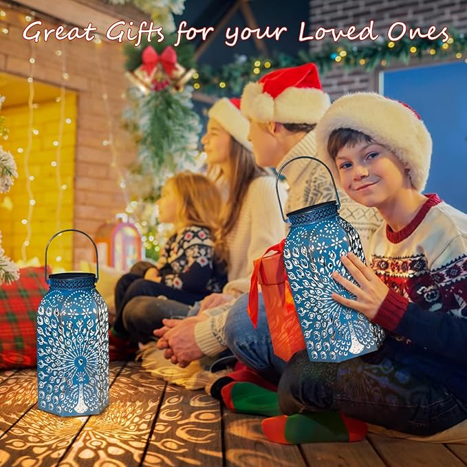 Outdoor Solar Lanterns Waterproof Peacock Garden Gifts Women Mom, Big Solar Lights, Garden Decor, Yard Art, Outside Birthday, Mothers' Day Birthday Gifts Grandma Grandpa(2Pack, Blue Gold