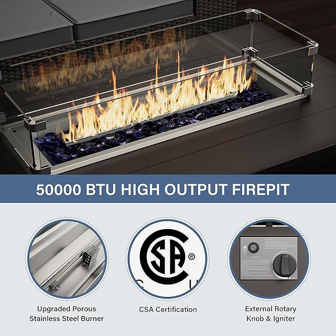 Kurapika Aluminum Patio Furniture Set 5-Seat Modern Metal Outdoor Conversation Sets w/45in Propane Fire Pit Table, Swivel Rocking Chairs Patio Sectional Sofa w/5.1 Inch Cushion, Grey