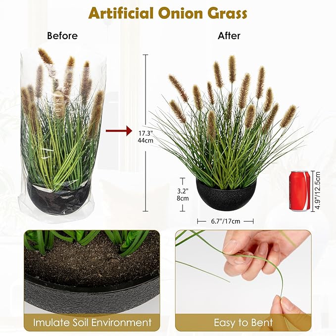 Artificial Plants Indoor with Pot, 17.3" Fake Potted Plants Artificial Onion Grass Plant with Brown Dog Tail Grass Small Faux Plant Indoor for Home Living Room Table Shelf Decor